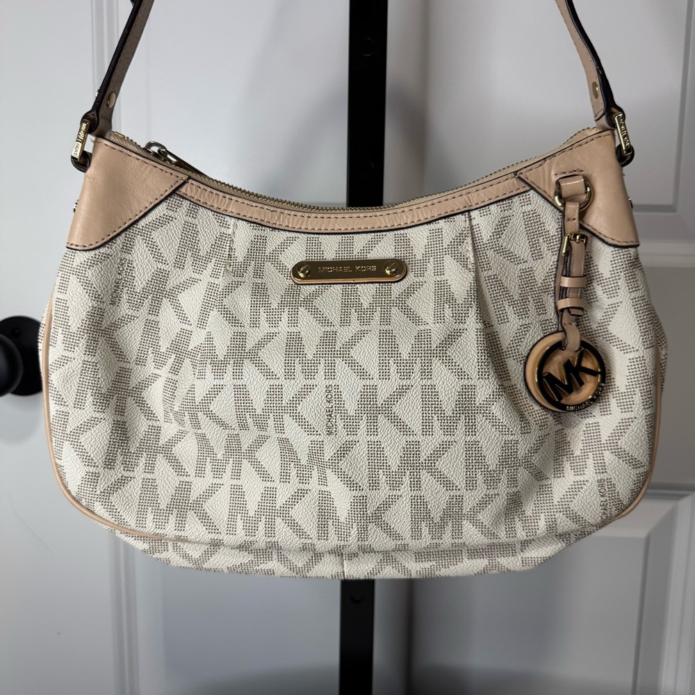 Michael Kors Jet Set Logo Shoulder Bag Vanilla MK Canvas Nude Trim